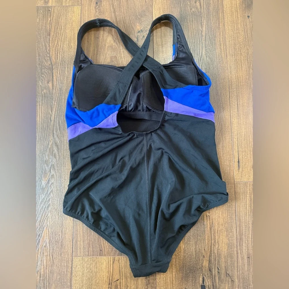 Land’s End Black One-Piece Swimsuit with Blue and Purple Accent Panels Size 10P